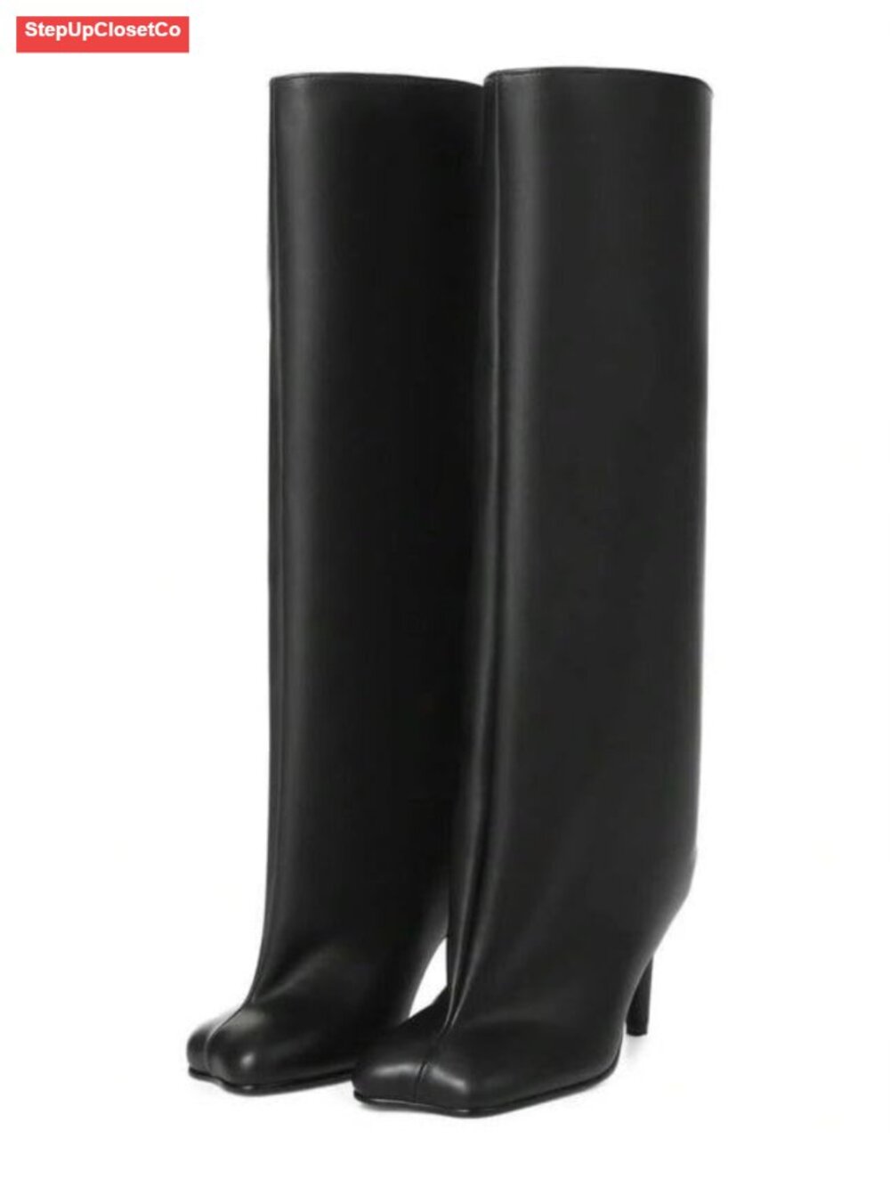 Faux Suede Wide Calf Knee High Boots Square Toe Stiletto Heel Pull On